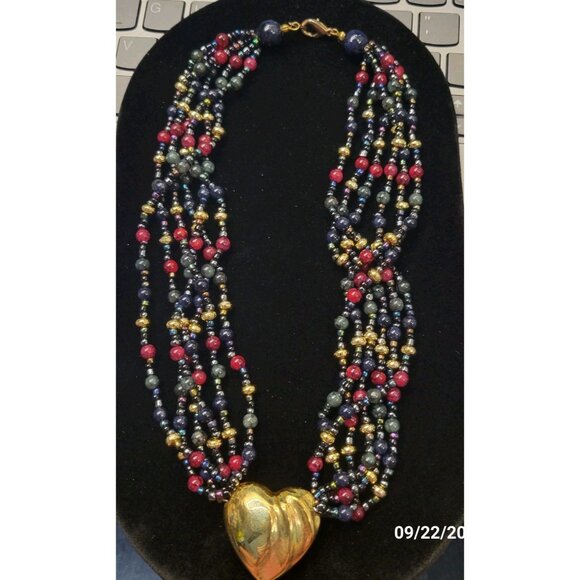 Beaded Choker Necklace Goldtone Heart Vintage 80s - Picture 2 of 5
